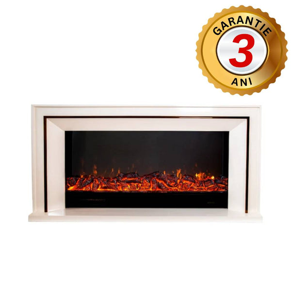 Semineu Electric din Lemn Masiv Stejar Alb Ivory cu Insertie Bronz-Auriu, cu Functie Incalzire, Telecomanda