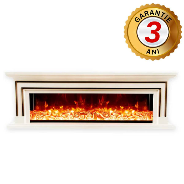 Semineu Electric din Lemn Masiv Stejar Alb Ivory cu Insertii Bronz Aurii, Telecomanda