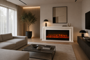 Electric Fireplace in Solid Wood Ivory White Oak with Bronze-Gold Insert, with Heating Function, Remote Control