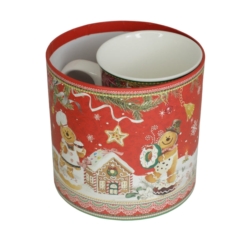 Cana din Portelan Craciun, in Cutie Rotunda Cadou, cu imprimeu Oameni din turta dulce