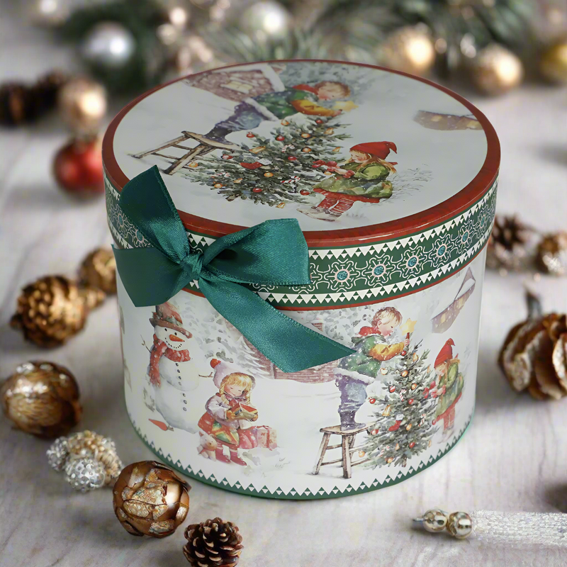 Cana din Portelan Cilindrica Craciun, in Cutie Rotunda Cadou, cu imprimeu Om de Zapada cu Copil
