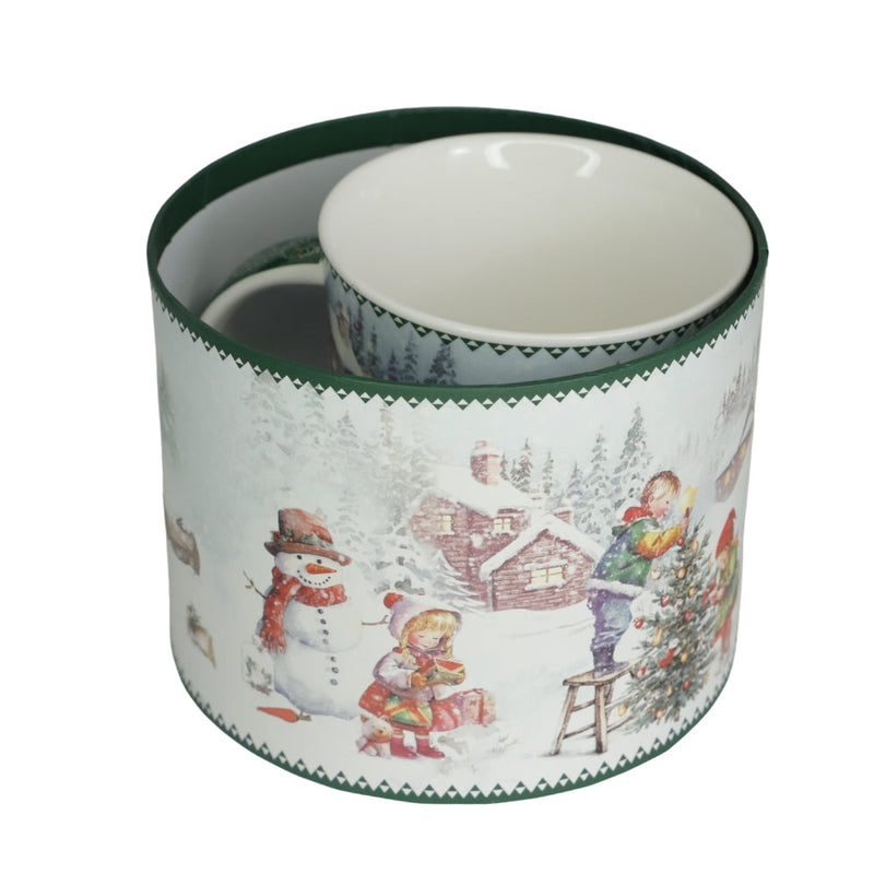 Cana din Portelan Cilindrica Craciun, in Cutie Rotunda Cadou, cu imprimeu Om de Zapada cu Copil
