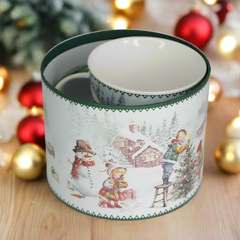 Cana din Portelan Cilindrica Craciun, in Cutie Rotunda Cadou, cu imprimeu Om de Zapada cu Copil