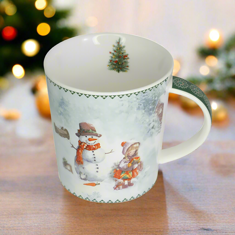 Cana din Portelan Cilindrica Craciun, in Cutie Rotunda Cadou, cu imprimeu Om de Zapada cu Copil