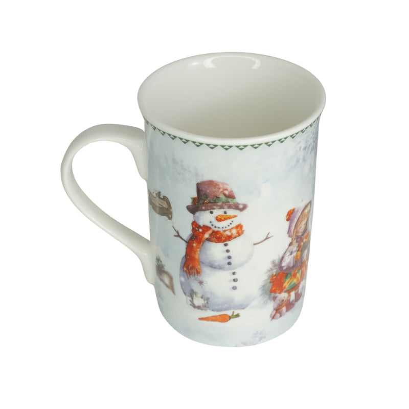 Cana din Portelan Craciun, in Cutie Rotunda Cadou, cu imprimeu Om de Zapada cu Copil