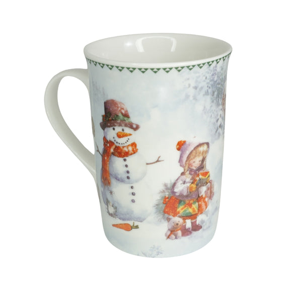 Cana din Portelan Craciun, in Cutie Rotunda Cadou, cu imprimeu Om de Zapada cu Copil