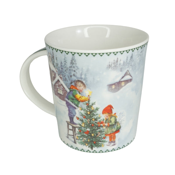 Cana din Portelan Cilindrica Craciun, in Cutie Rotunda Cadou, cu imprimeu Om de Zapada cu Copil