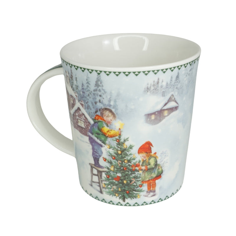 Cana din Portelan Cilindrica Craciun, in Cutie Rotunda Cadou, cu imprimeu Om de Zapada cu Copil