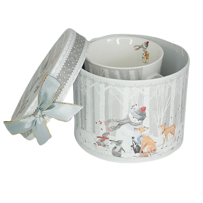 Cana din Portelan Craciun, in Cutie Rotunda Cadou, cu imprimeu Om de Zapada