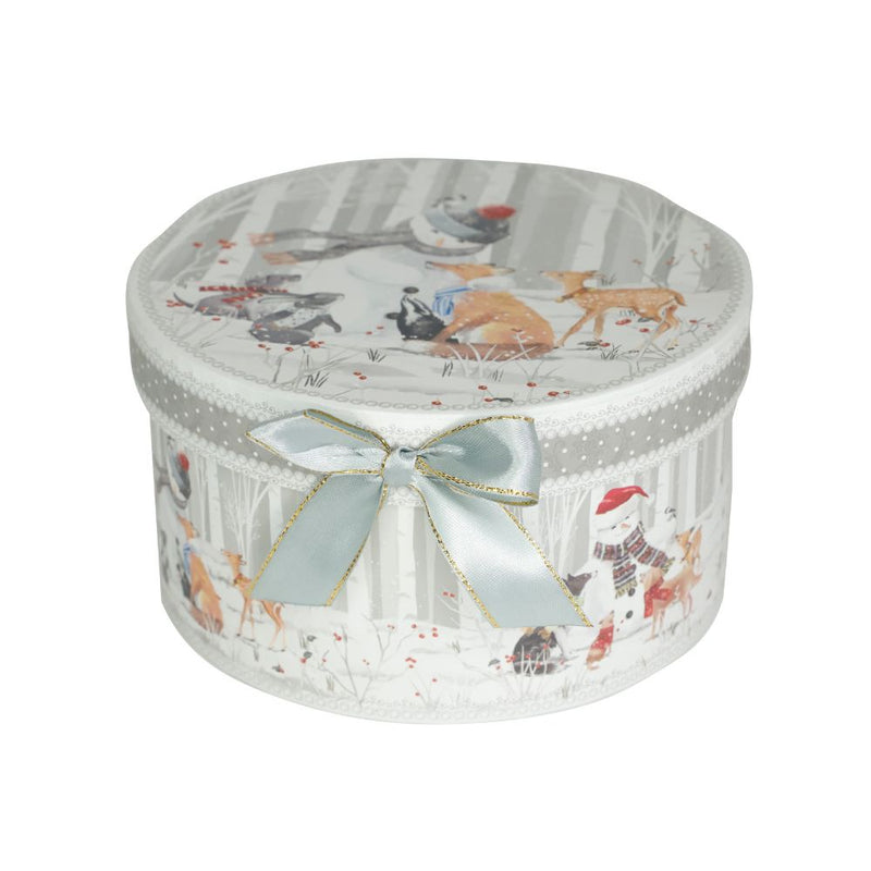 Cana din Portelan cu Farfurie Craciun, in Cutie Rotunda Cadou, cu imprimeu Om de Zapada cu Animalute