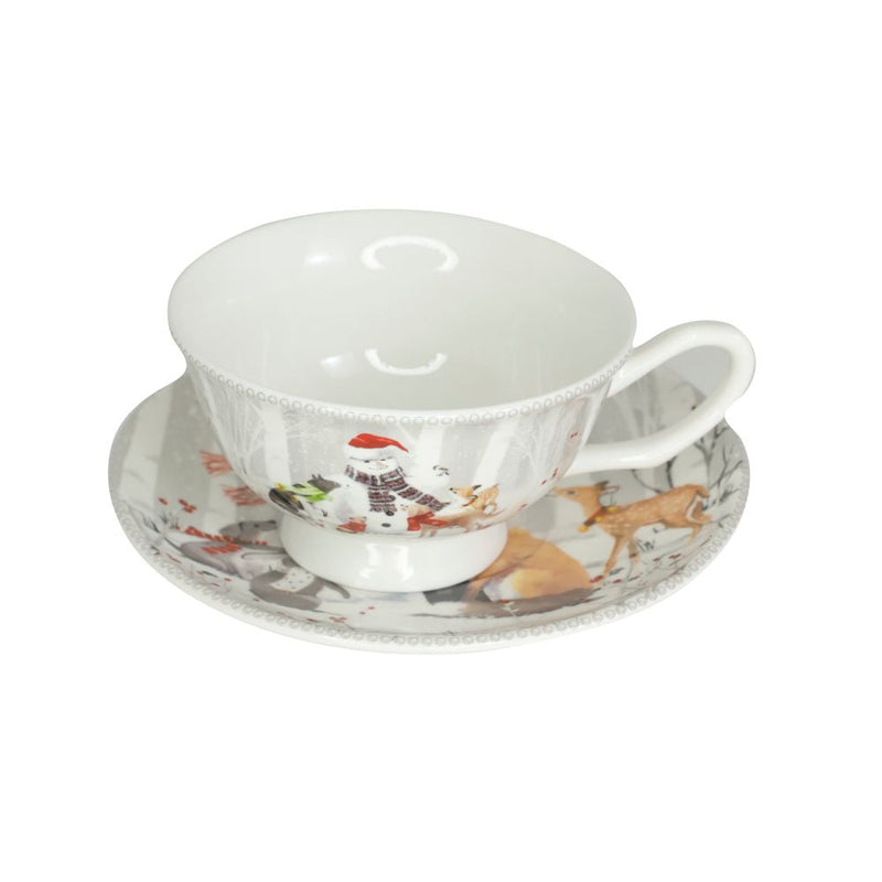 Cana din Portelan cu Farfurie Craciun, in Cutie Rotunda Cadou, cu imprimeu Om de Zapada cu Animalute