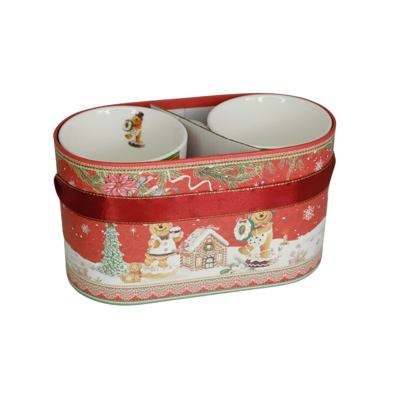 Set Cani din Portelan Craciun, in Cutie Rotunda Cadou, cu imprimeu Oameni din turta dulce