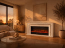 Electric Fireplace in Solid Wood Ivory White Oak with Bronze-Gold Insert, with Heating Function, Remote Control