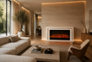 Electric Fireplace in Solid Wood Ivory White Oak with Bronze-Gold Insert, with Heating Function, Remote Control